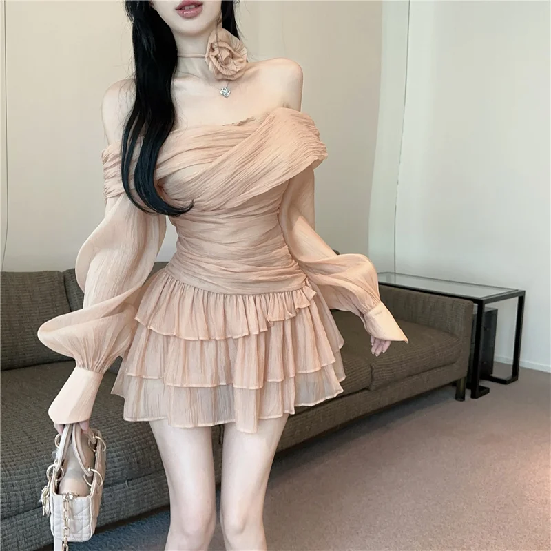 Ezgaga Women Dresses Elegant Lantern Long Sleeve Slash Neck Off Shoulder Slim Flowers Ruffles Backless Sweet Mini Dress Party