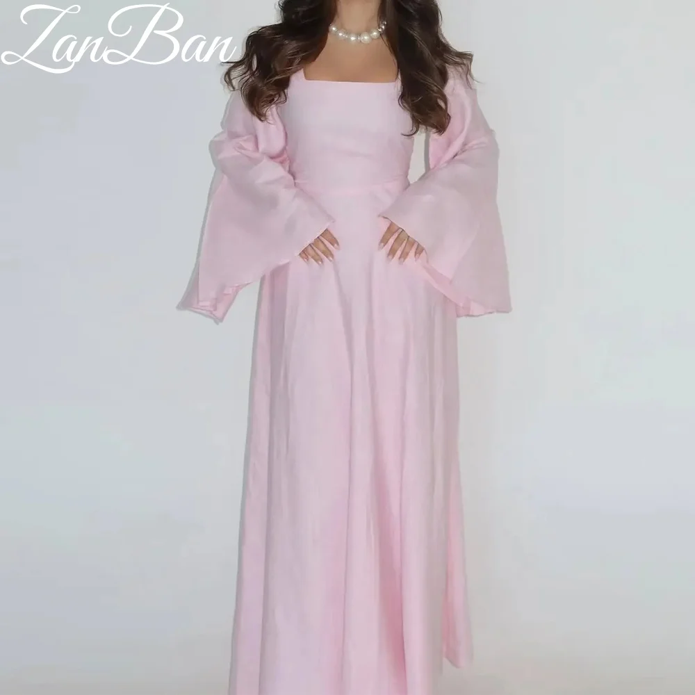 ZanBan 2026 Elegant Square Collar Pink Formal Party Gown Cap Long Pleat Sleeve Saudi Arabic Prom Dresses Customized Evening Gown