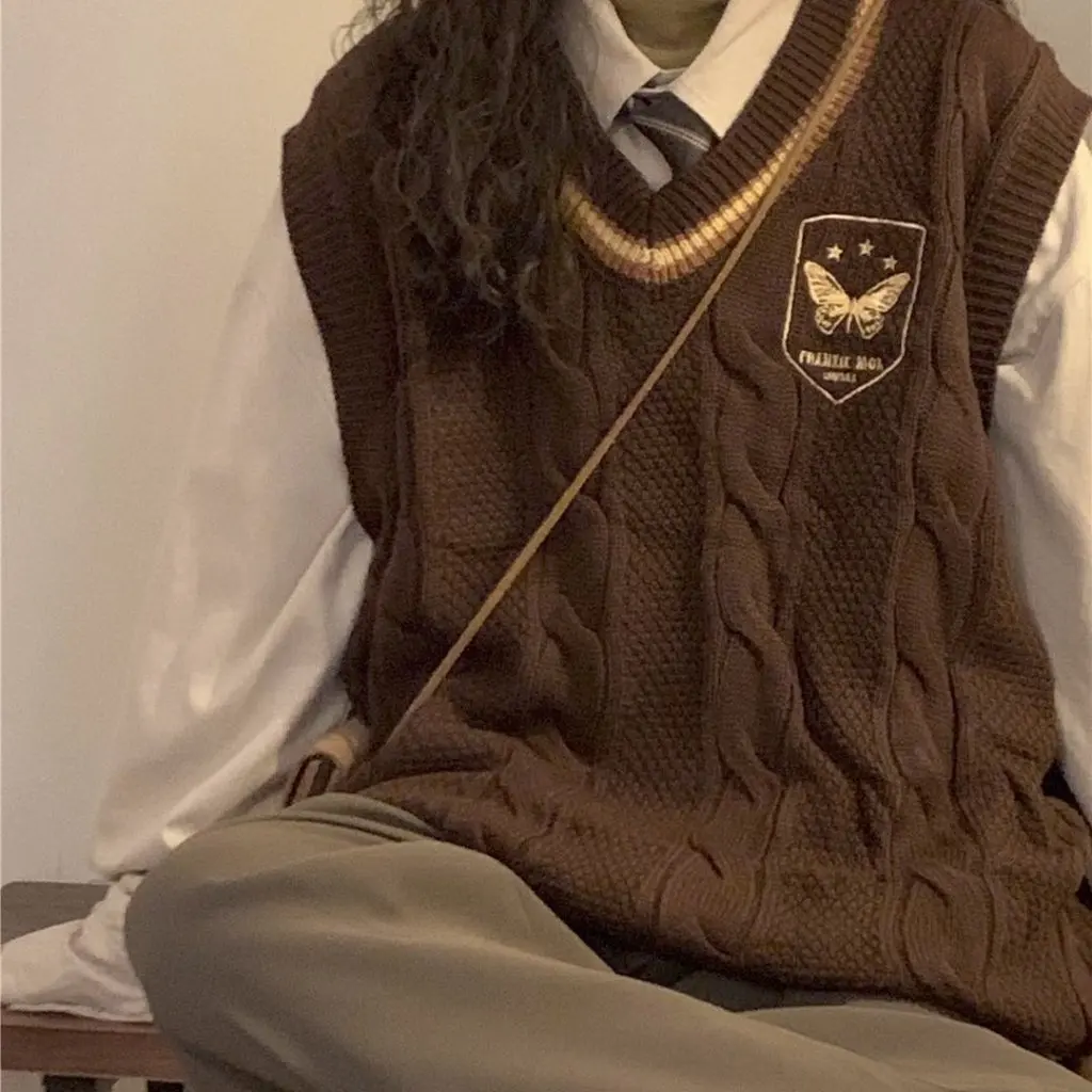 

Women's Preppy Style Knitted Vest Loose Sweater Autumn Winter Outer Wear Stacked School Sense Top Coat