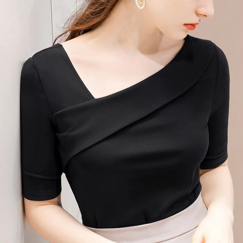 Woman\'s Clothing Basic T-Shirts Tops Lady Slim Short Sleeve Skew Collar Sheath Blouse Tops SS055