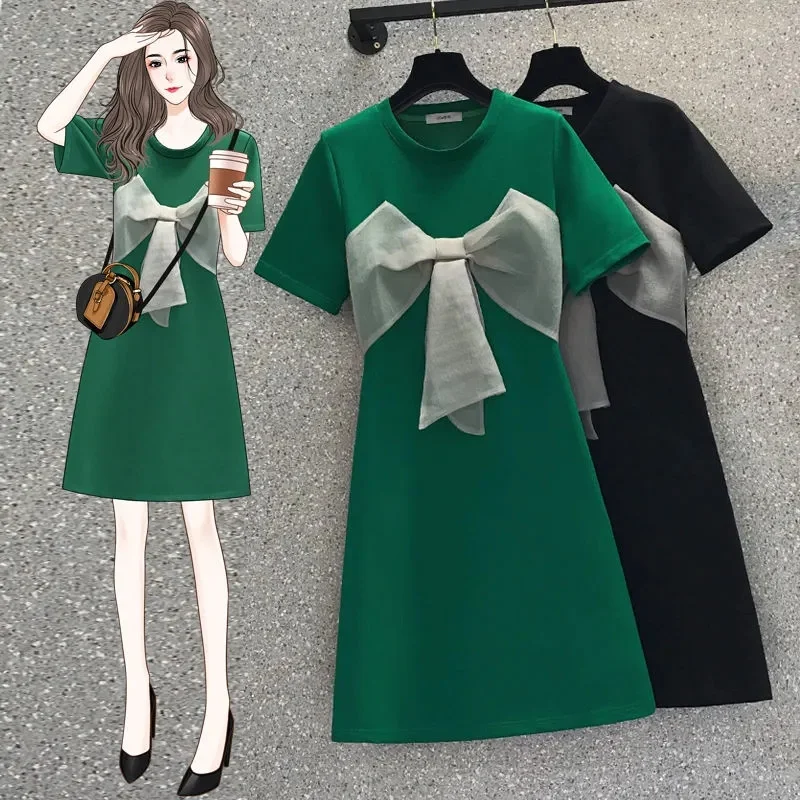 2024 Summer New Fat Sister Bow Dress Women Large Size Fashion Coat Western Style Short Sleeve Long T-Shirt Vestidos Top Female