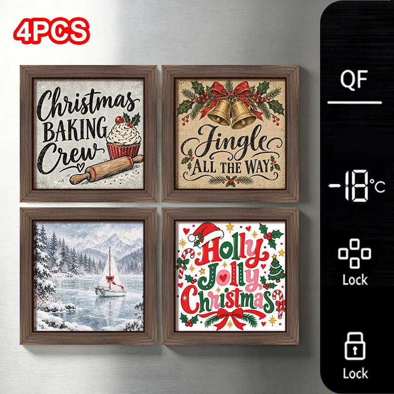 4Pcs Rustic Christmas Wooden Fridge Magnets, Holiday Decorative Refrigerator Magnet, Christmas Baking, Jingle Bells, Holly