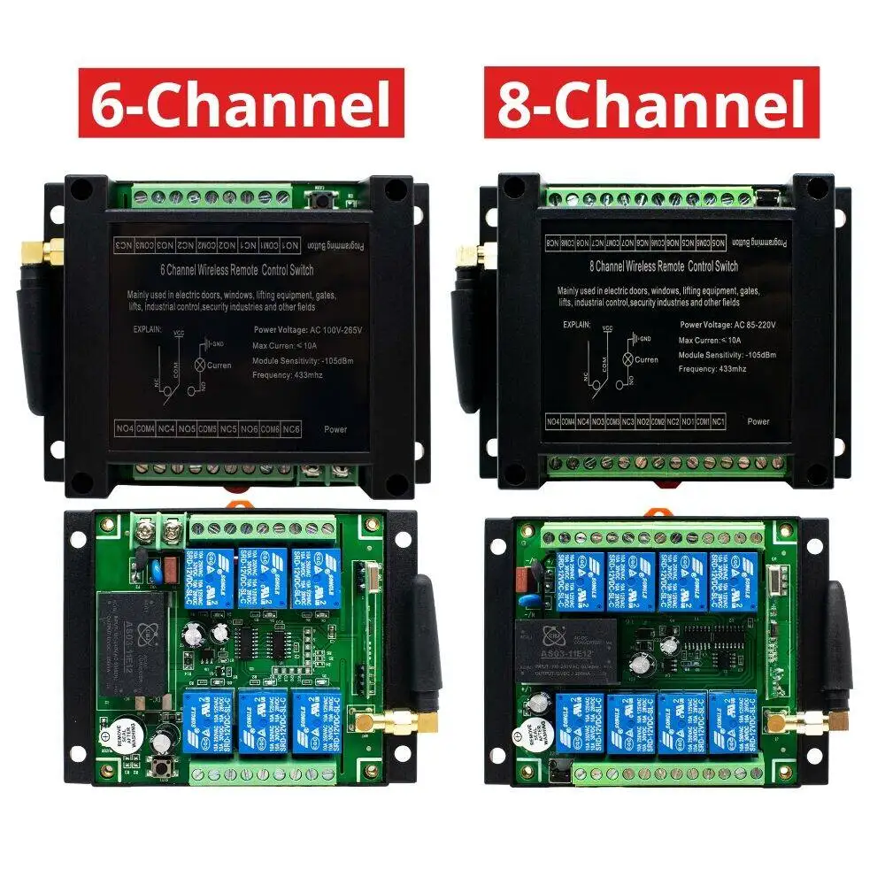 

433MHz Long Distance Industrial 8CH And 6CH Wireless Receiver Switch AC 220V 100V-265V 10A Relay For Industrial/farm