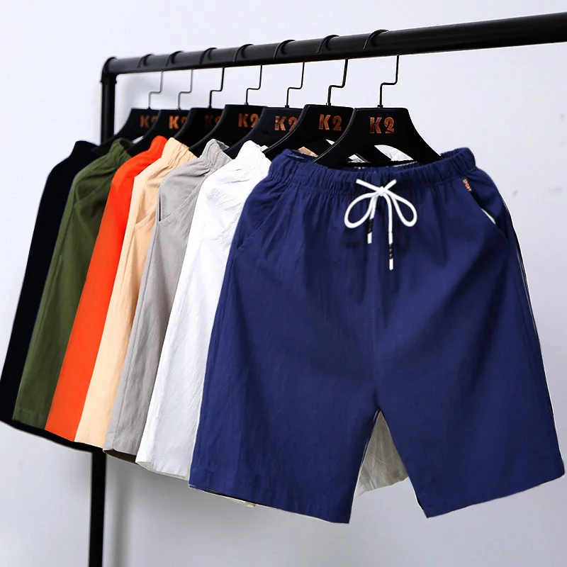Summer Thin Pure Cotton Linen orts Men's Five-Quarter Casual Loose Sports Beach Pants Outerwear Straight Leg mid Waist