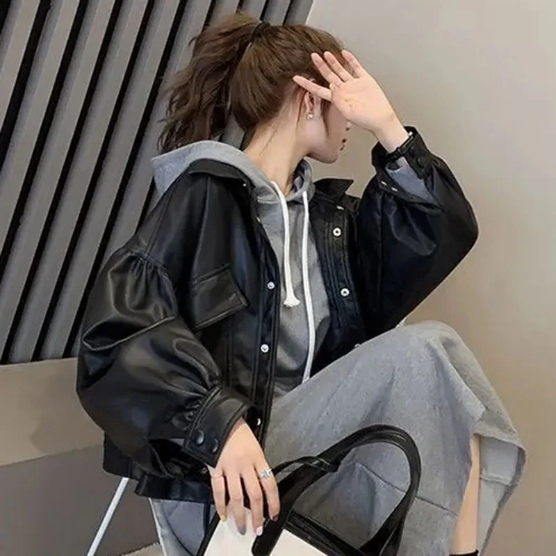 

2025 женское кожаное пальто с длинными рукавами, корейское женское пальто из искусственной кожи, весенне-осенняя женская модная куртка из искусственной кожи с лацканами