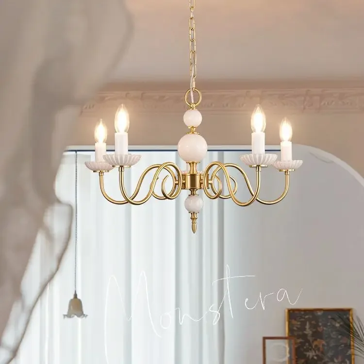 

Milk white all-copper candle chandelier, bedroom dining room cloakroom brass eye protection light