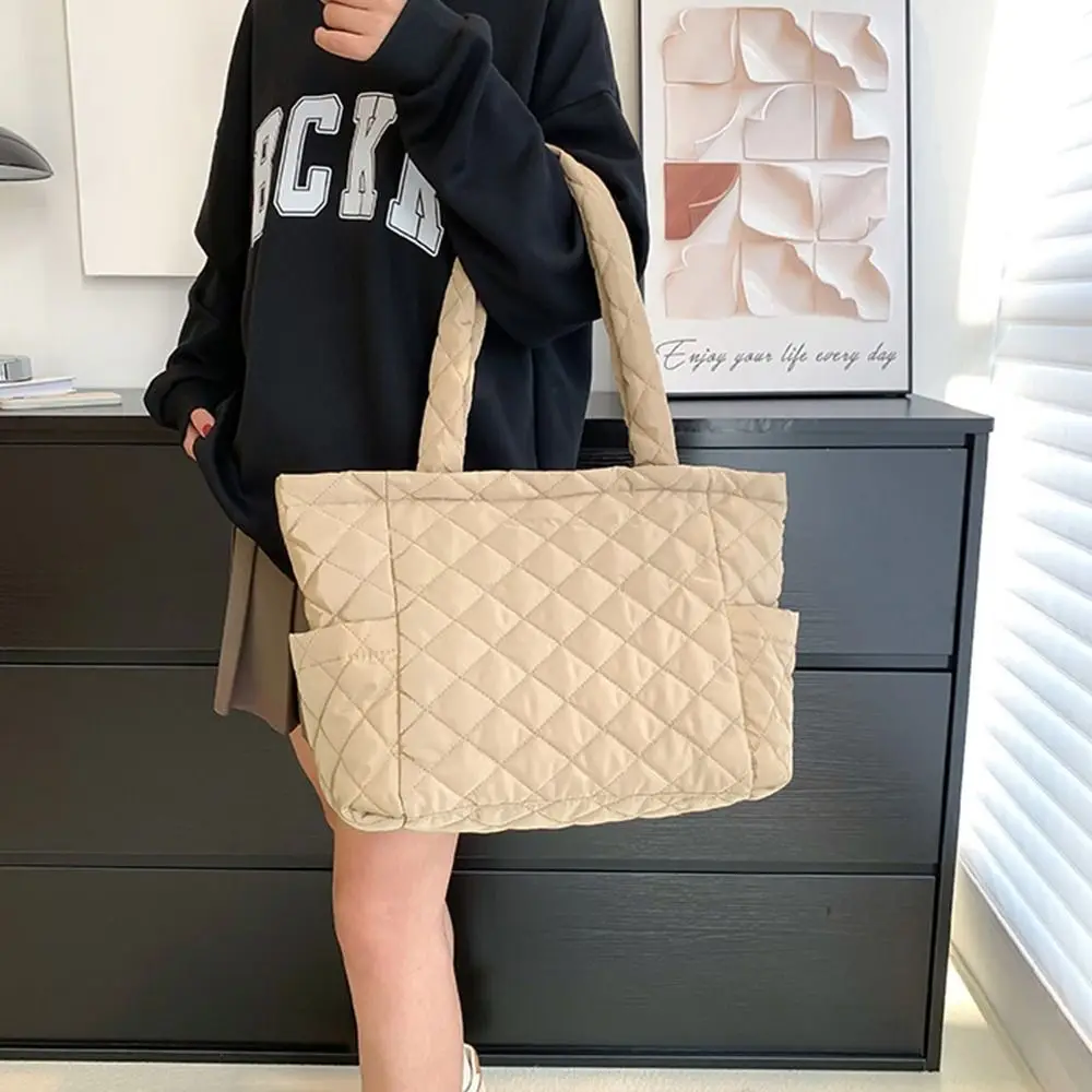 

Quilted Plaid Puffer Tote Bag Pleated Cloud Large Capacity Hobos Shopper Bag Winter Down Cotton Padded Underarm Bag Women Girls