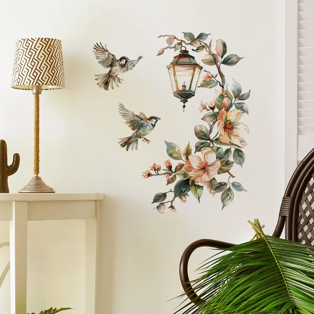 Colorful Flower Pendant Lamp Bird Wall Sticker For Bedroom Living Room Entrance Home Background Decoration Self-adhesive 29*22CM