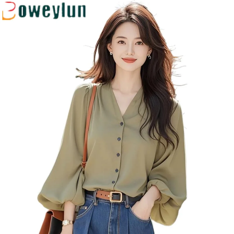 Boweylun Early Autumn New V-neck Long-sleeved Shirt Women Green Chiffon Shirt Female