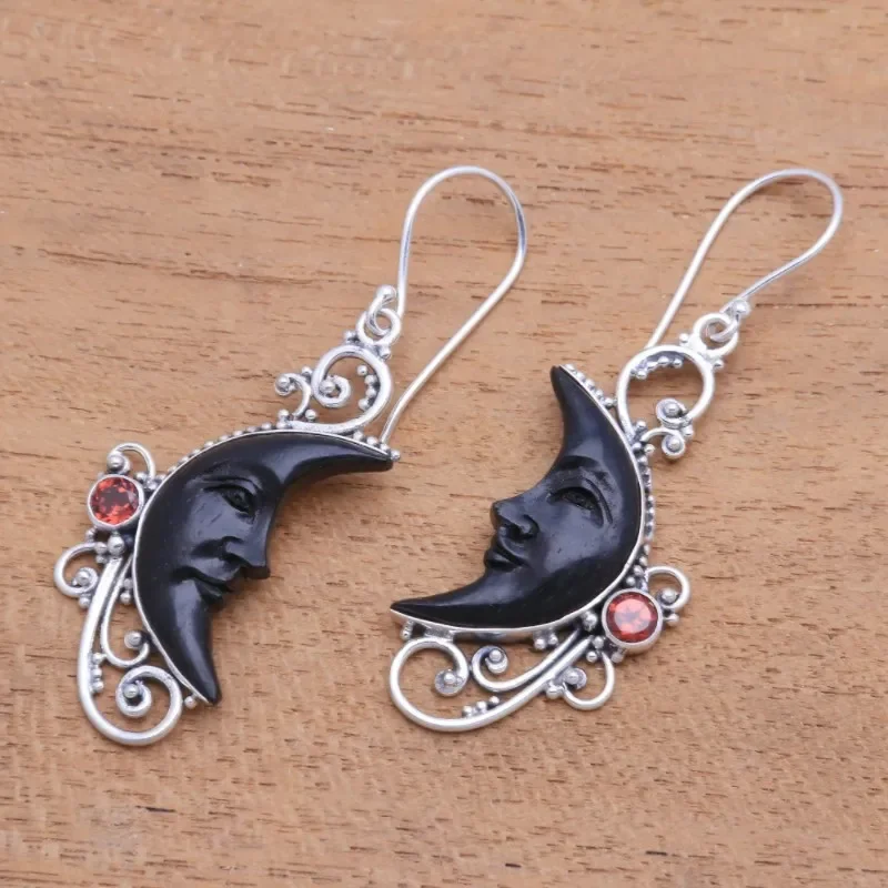 Independent Station New Hollow Fashion Personality Engraved Gemstone Black Moon Sun Face Earrings