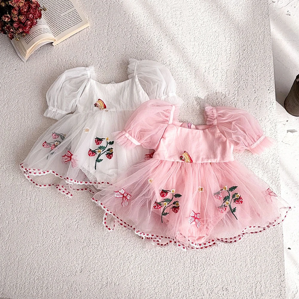 

0-2 Y Baby Girls Dresses Strawberry Embroidery Mesh Skirt One Piece Puff Sleeve Dress for Girls