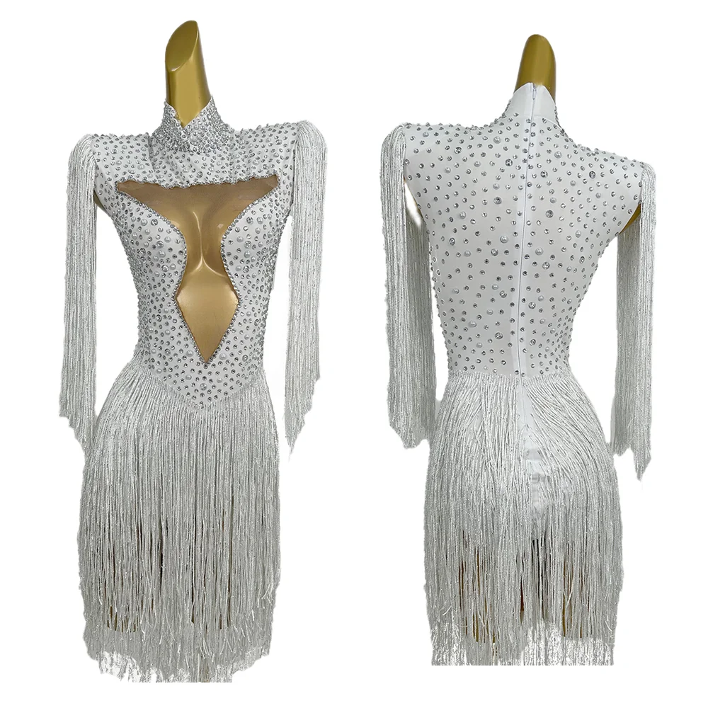Elegant White Birthday Evening Rhinestone Tassel Dress Plus Size Women Dinner Gown Club Outfit Hollow Out Cocktail Prom Dress