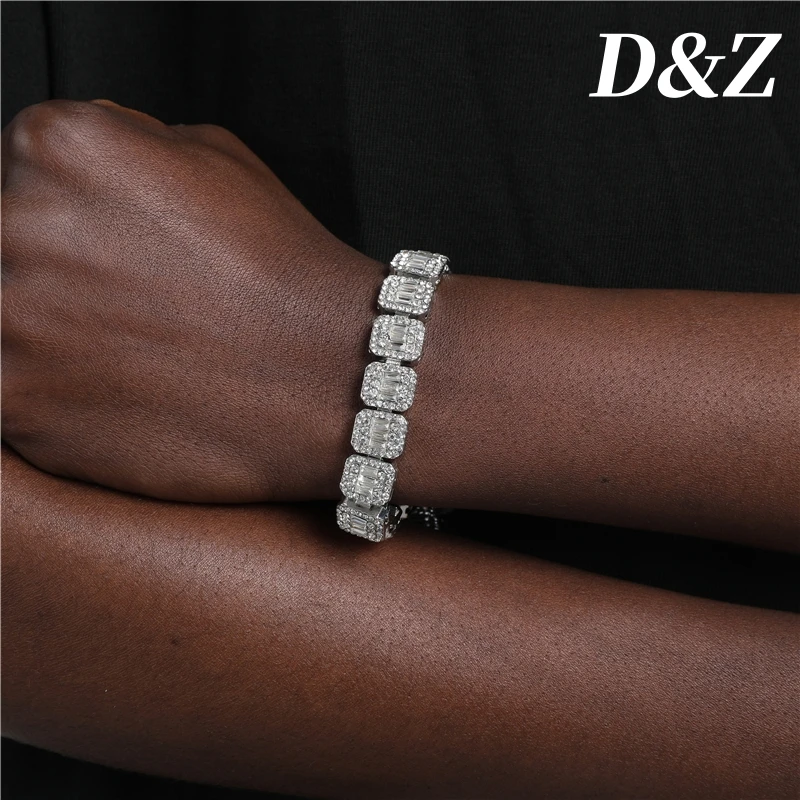 D & Z-Shining Square Rhinestone Pulseira Corrente para Homens e Mulheres, Ouro e Cor Prata, Liga Partido Jóias, Hip Pop, 7 em, 8 em, 12mm