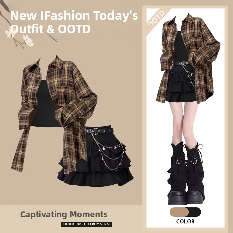 

Новинка 2025 года, клетчатый топ с пышной юбкой, комплект футболок, базовый слой с эффектом похудения, повседневный женский ансамбль Faion