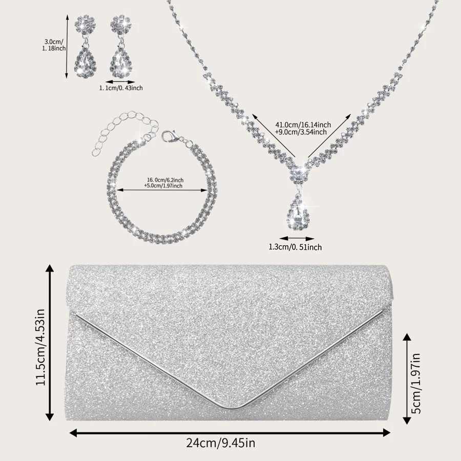 حقيبة سهرة نسائية كاجوال لامعة وأنيقة، خفيفة الوزن، عصرية وفاخرة، حقيبة كلاتش للحفلات، مجموعة مع قلادة رائعة من حجر الراين، سوار، مجموعة من أربع قطع، محفظة مثالية للحفلات وحقيبة يد نسائية رائعة وحقيبة كتف نسائية تذكارية