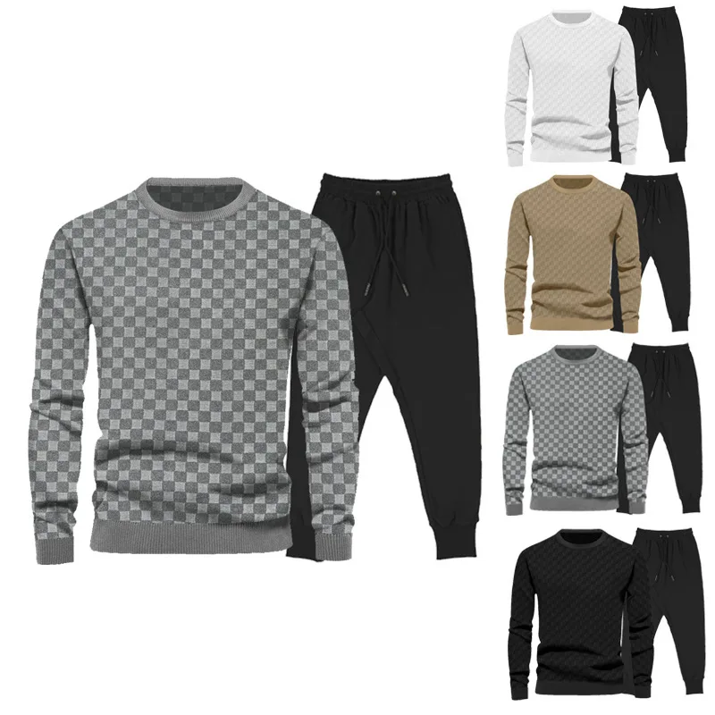 Men's Sets Autumn and Winter New Mens Jacquard Checkerboard Suit Loose Round Neck Casual Long Sleeved Trousers Men