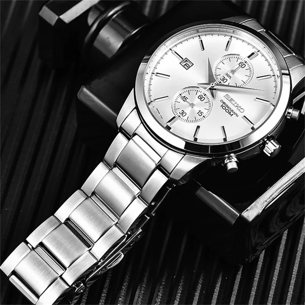 Seiko relógio de quartzo masculino série cronógrafo original japonês 10 barra pulseira de couro à prova dwaterproof água branco pan relógio de quartzo