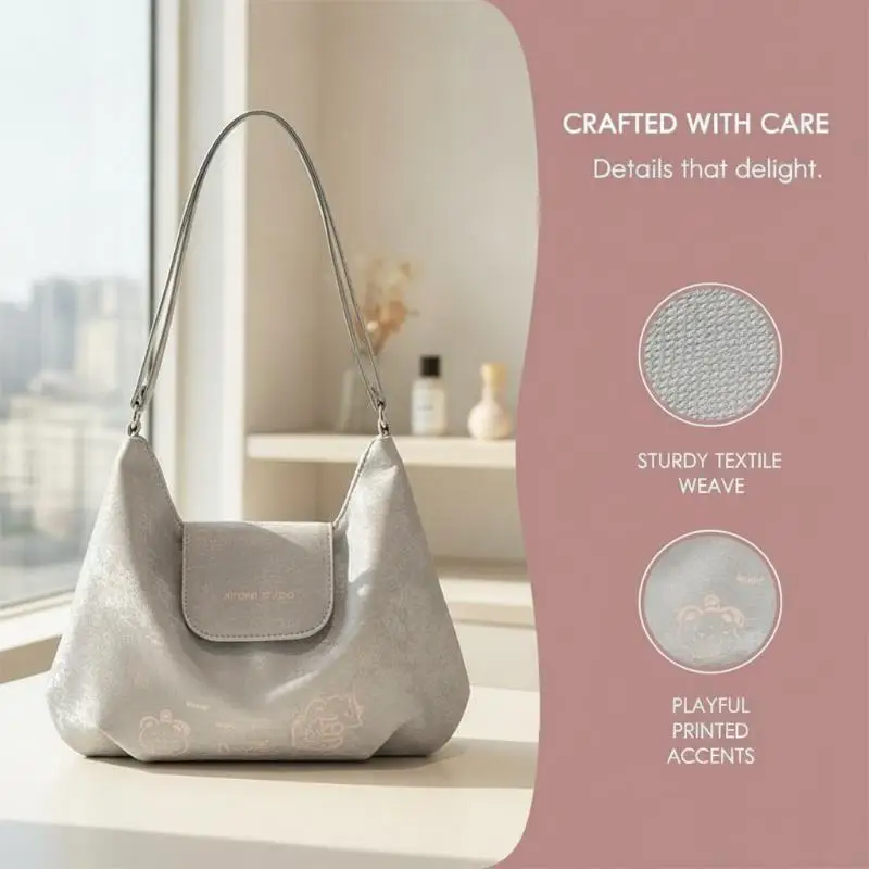 Cute Cartoon Print White Silver Shoulder Bag Large Capacity Adjustable Strap Stylish for College Students Daily Campus Life