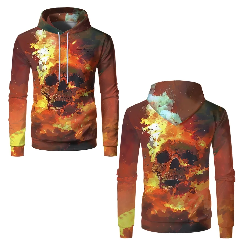 

3D Print Flaming Skull Graphic Hoodie For Men Loose Comfortable Long Sleeve Hooded Pullover Creative Flame Pattern Men's Clothes