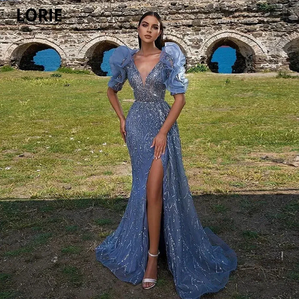 LORIE abiti da sera a sirena con paillettes abiti da festa scollo a v Puff Organza arabo Dubai abiti formali abiti da sera con spacco sulle gambe