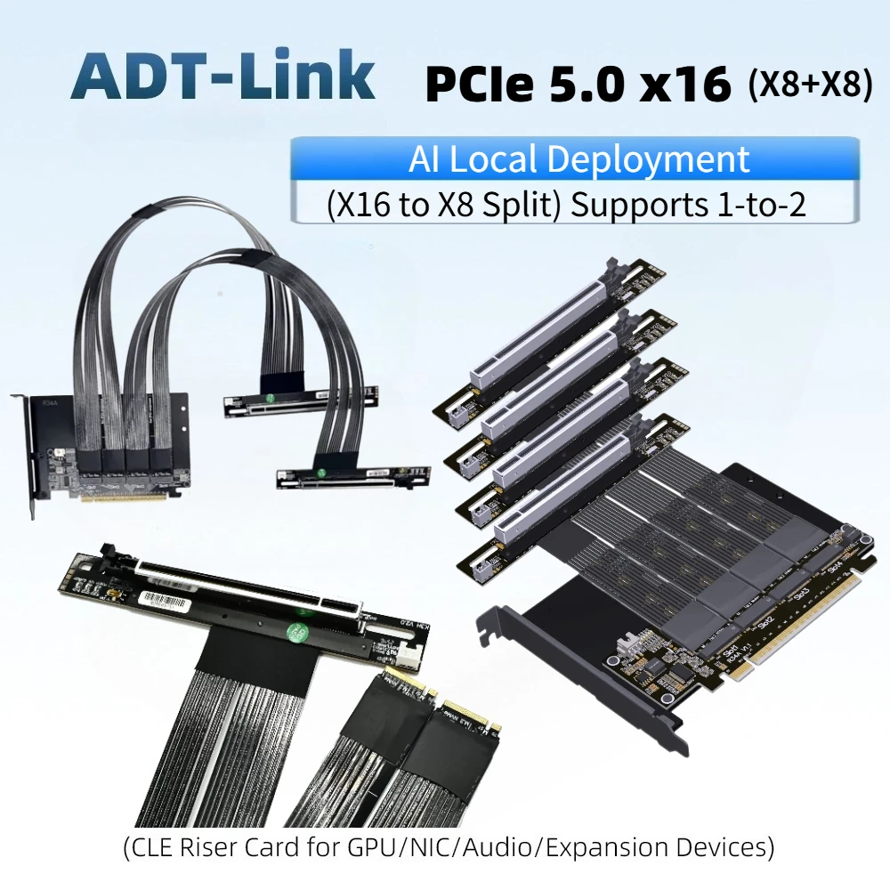 

ADT-Link PCIe 5.0 x16 to x8 Split 4-Port M.2 NVMe Extension Cable Gen5 512Gbps for AI Local Deployment Supports 1-to-2 Expansion