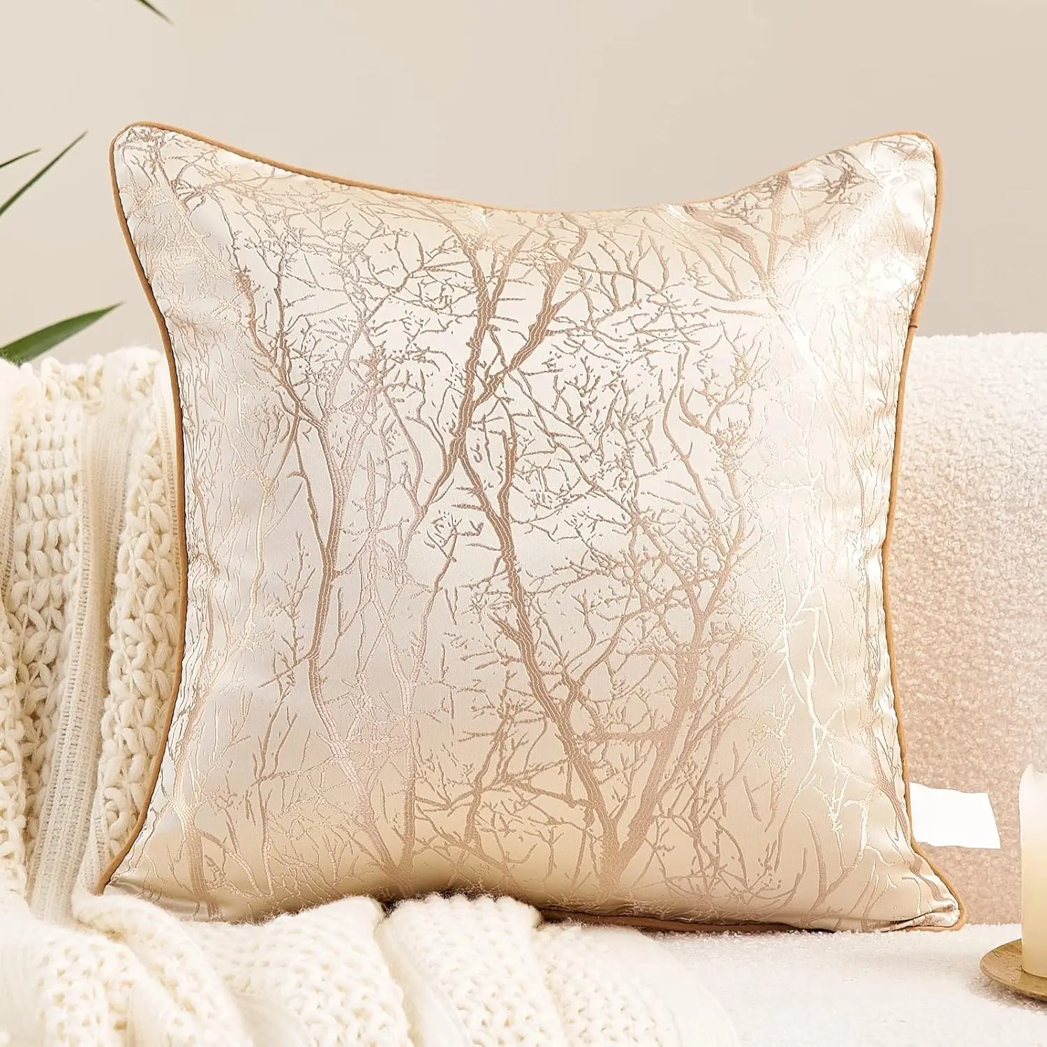 

18 X 18 H квадратный бежевый коричневый золотой чехол для подушки с вышивкой ветки дерева, роскошная современная декоративная подушка, декоративная подушка для