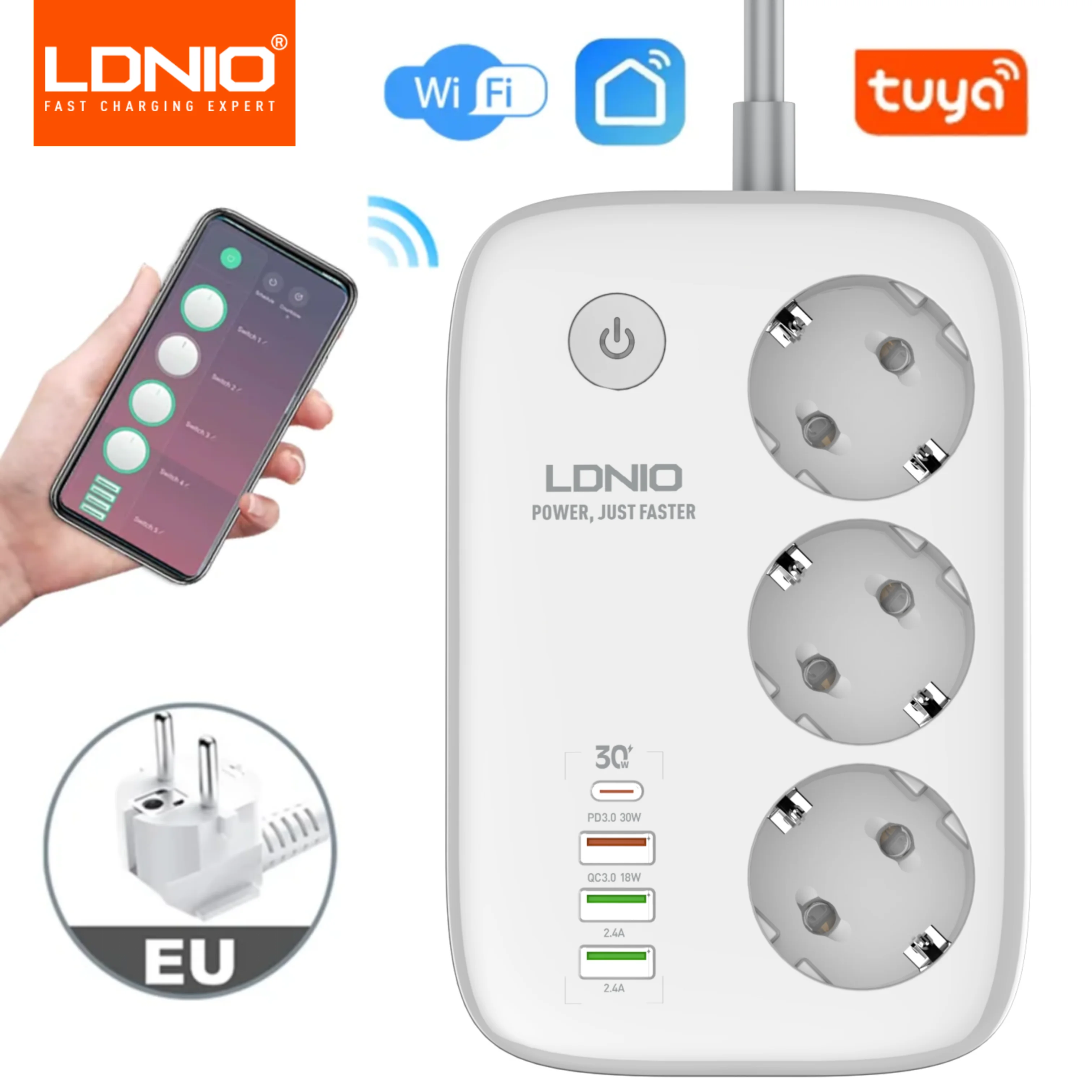 LDNIO Power Strip EU Standard 3 USB Extension Socket 3 Outlets Socket Adapter Tuya Smart Life APP Remote Control Wifi Smart Plug