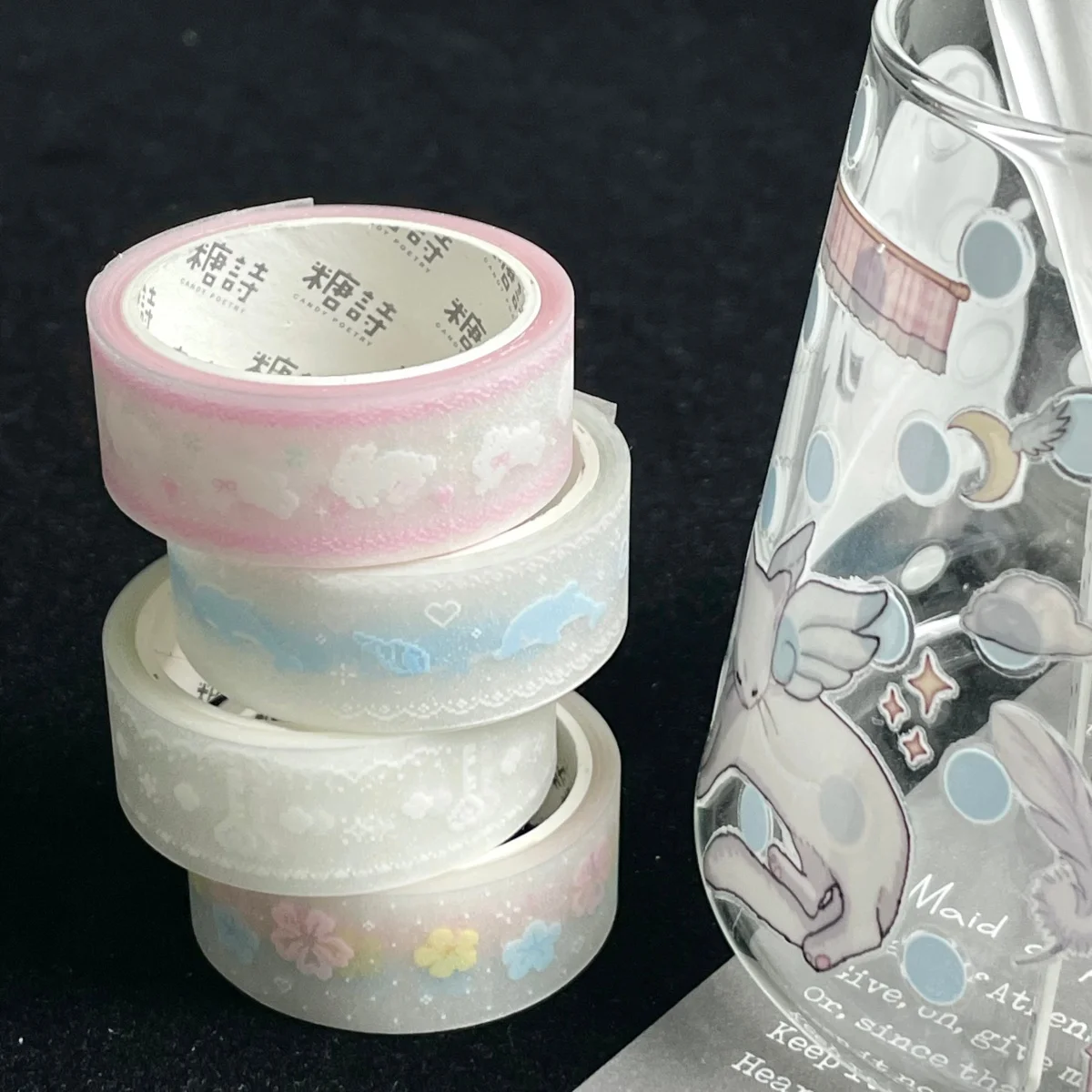 2m Glitter Sand PET Tape Kawaii Transparent Decorative Tape Floral Rabbit Music Note Lace Border for Journal Scrapbooking DIY