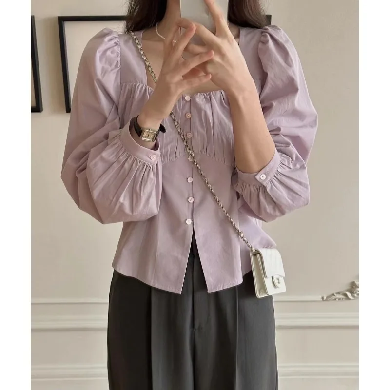 

Chic Spring New Sle Women's irt Loose Bubble Sve Square Collar Small Button Pure Color Sweet Sle Long Sve Top