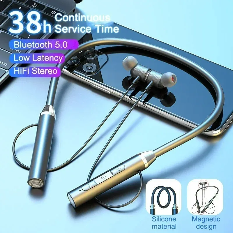 Fone de ouvido sem fio fone bluetooth 5.0 neckband silicone alta fidelidade estéreo esportes halter à prova dwaterproof água magnético