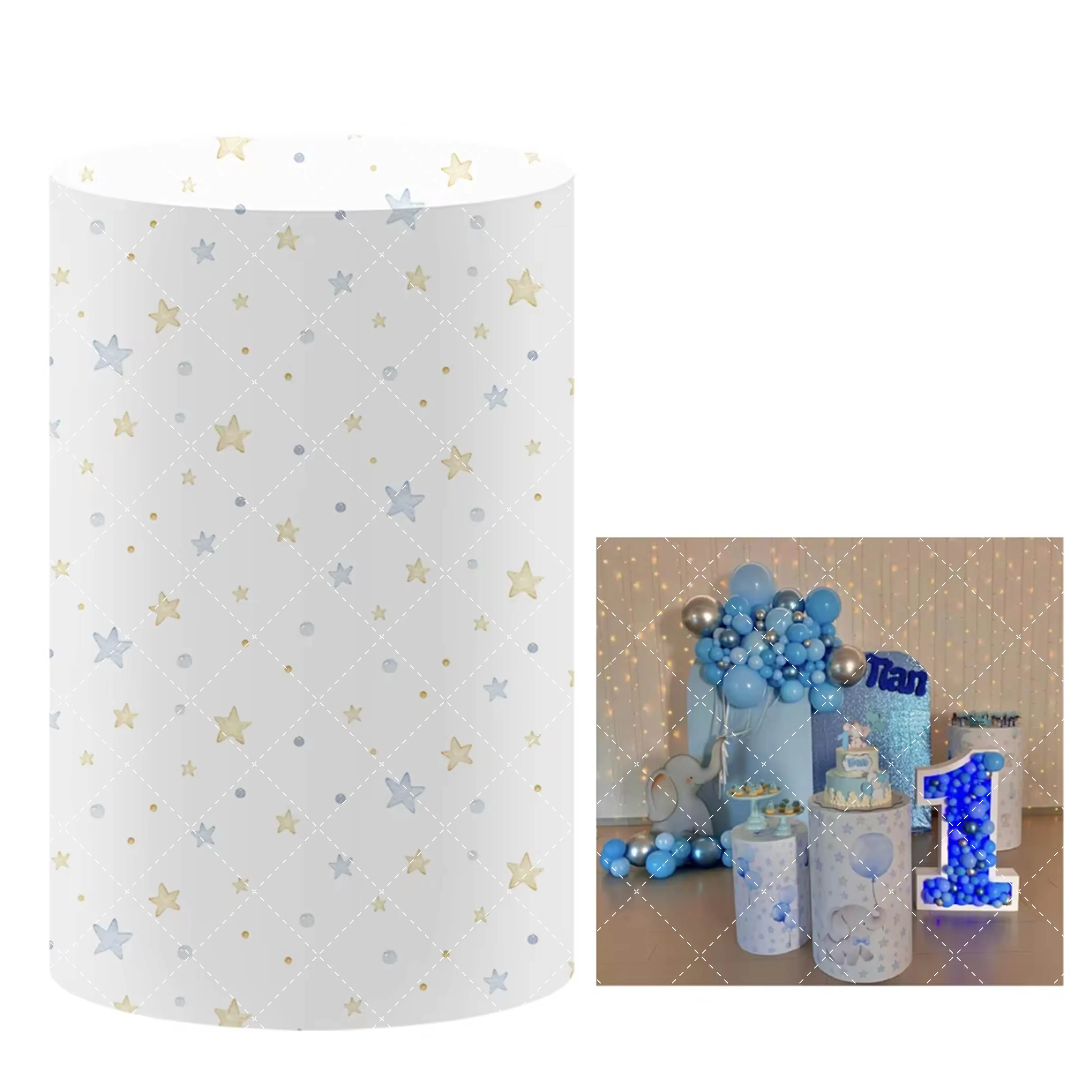 Mehofond Elephants Cylinder Covers for Newborn Birthday Party Decor Blue Pedestal Baby Shower Desserts Tablecloth Elastic Decor