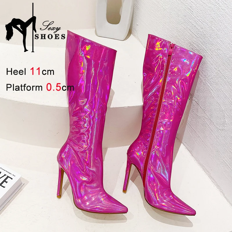 Mid-Calf Women Boots Side Zip Color-Changing Thin High Heels Ladies Shoes Purple Laser Shining PU Pointed Toe Loose Short Boots