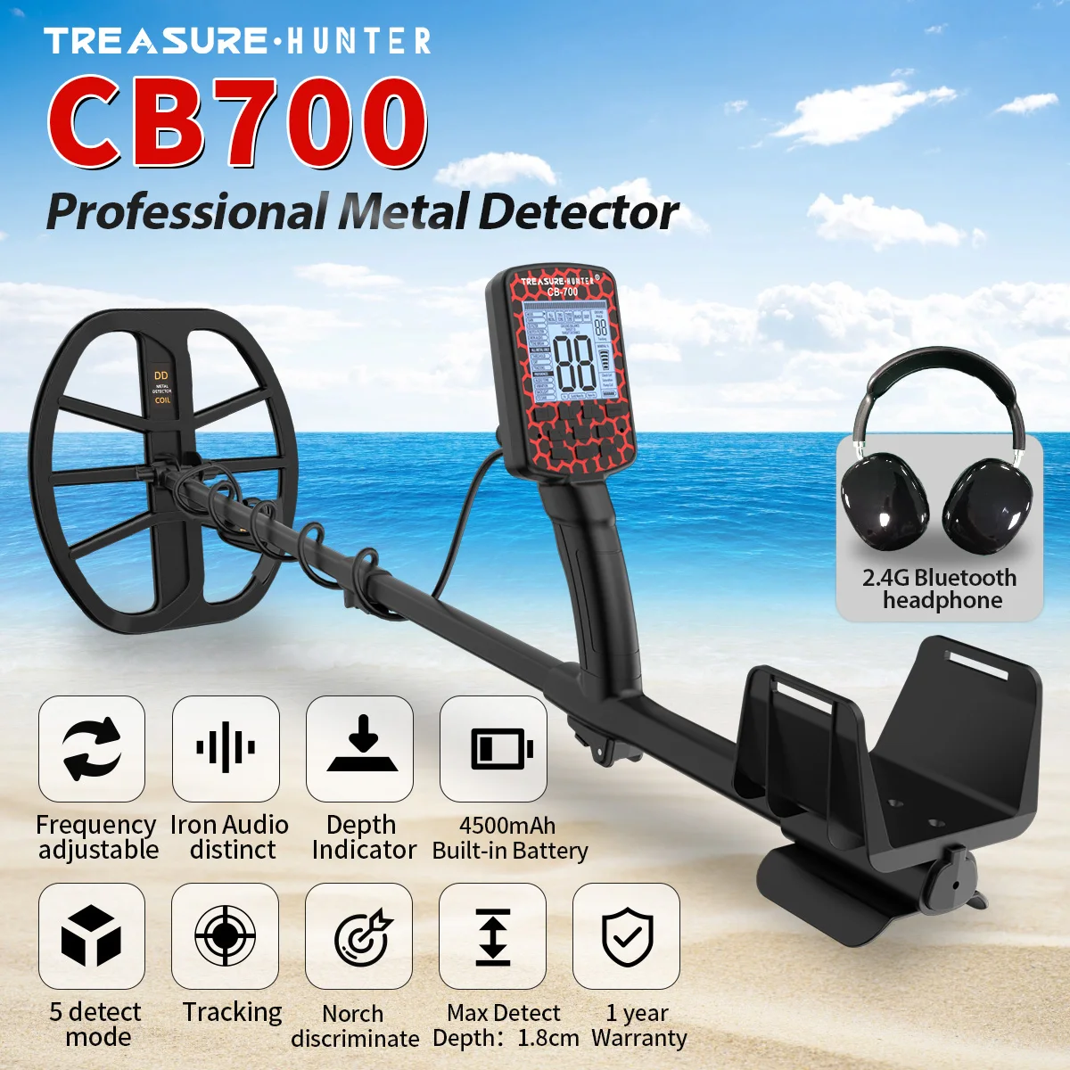 Treasure Hunter CB700 Deep Metal Detector Pinpointer Underground Waterproof 11'' Coil Gold Detector Tracking Norch Discriminate