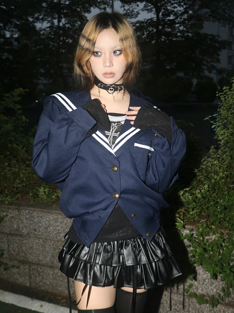 

Swag японский винтажный консервативный темно-синий воротник свободного покроя с v-образным вырезом открытый кардиган костюм для девочек осенне-зимняя верхняя одежда пальто