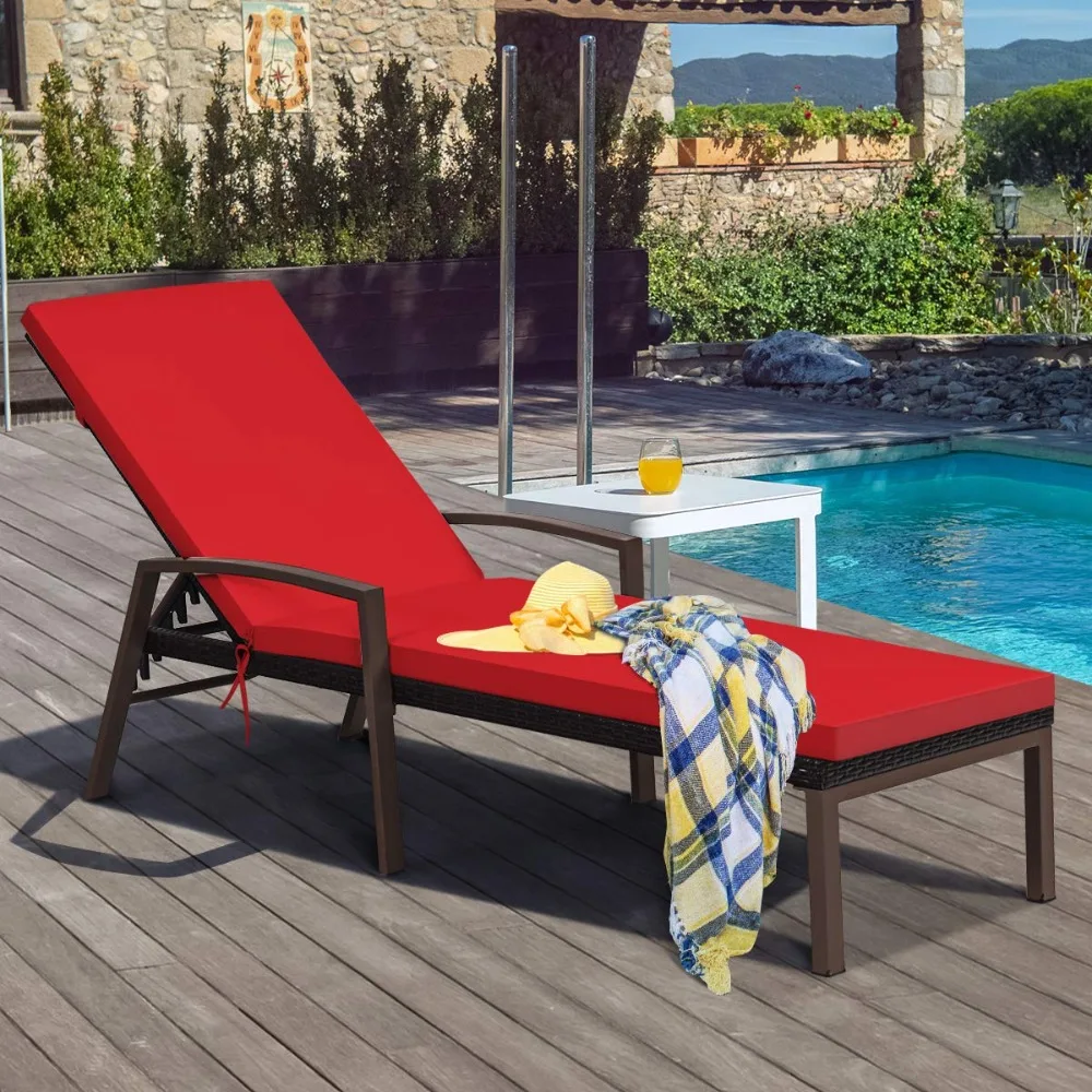 

2 PCS Patio Rattan Chaise Lounge Chair, Outdoor Reclining Chaise with Cushion and Armrest, Wicker Sun Lounger with, Customized