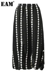 [EAM] High Elastic Waist Black Striped Dot Spliced A-line Half-body Skirt Women Fashion Tide New Spring Autumn 2024 1DH5350