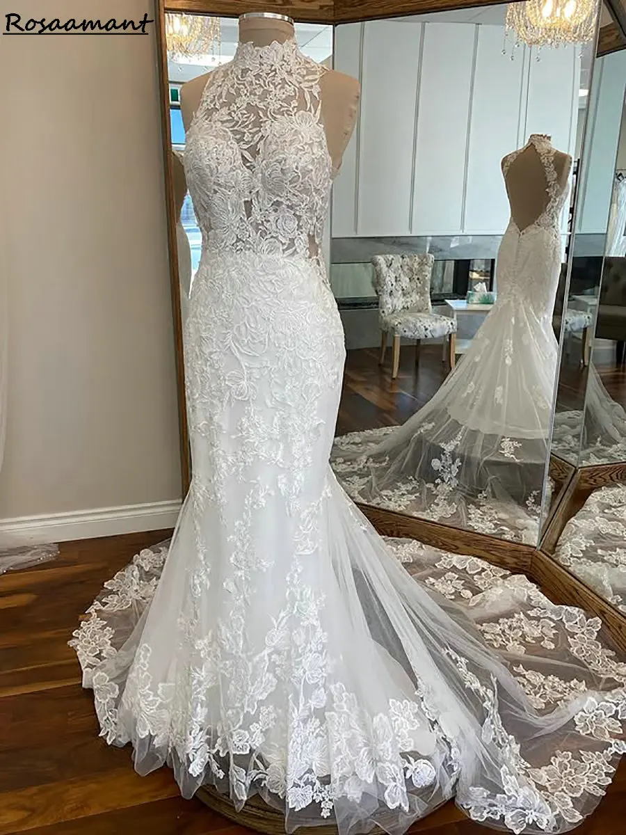 Charming Illusion Halter Open Back Mermaid Wedding Dresses Sleeveless Appliques Lace Country Bridal Gowns