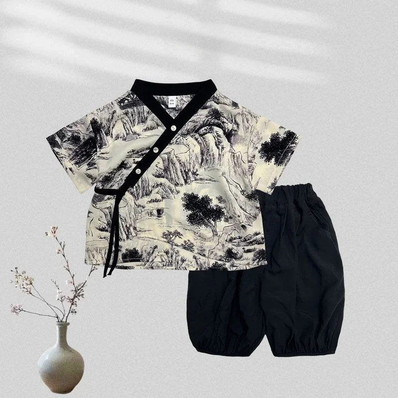 

2023 Summer Casual Printed Short Sleeves Top Black Pants Boy Chinese Traditional Tang Suit Tai Chi Clothing China Online Store