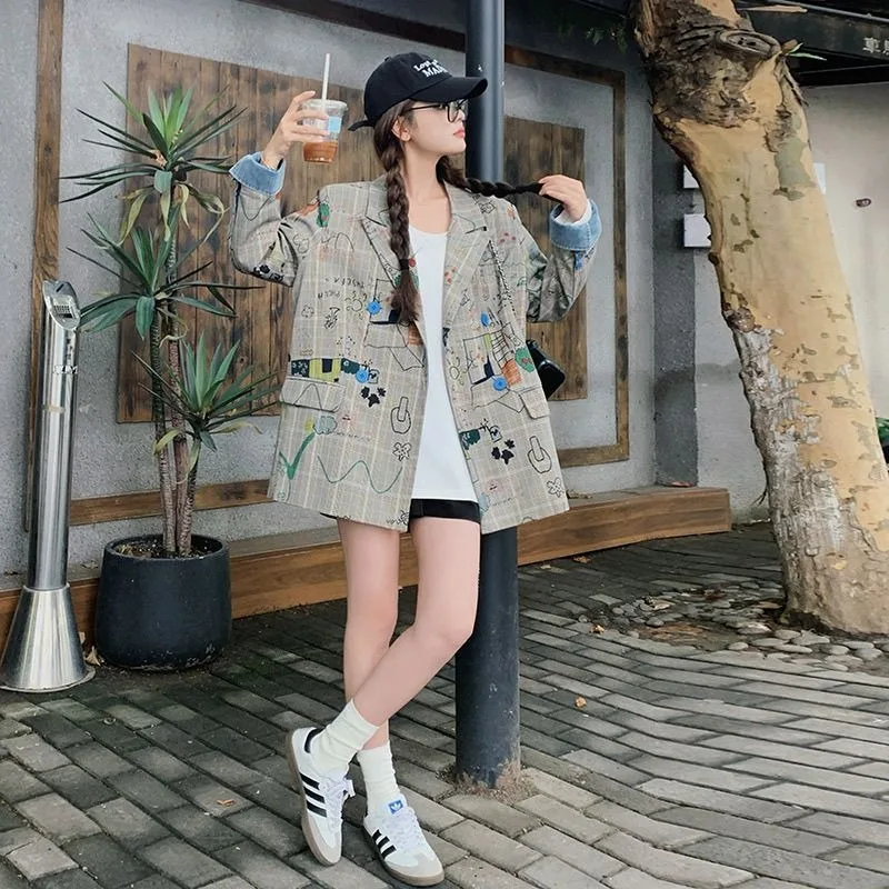 معطف مطبوع عليه بدلة جرافيتي مربعة الشكل، بدلة جديدة فضفاضة على الطراز الكوري متوسطة الطول، عصرية وفردية #4