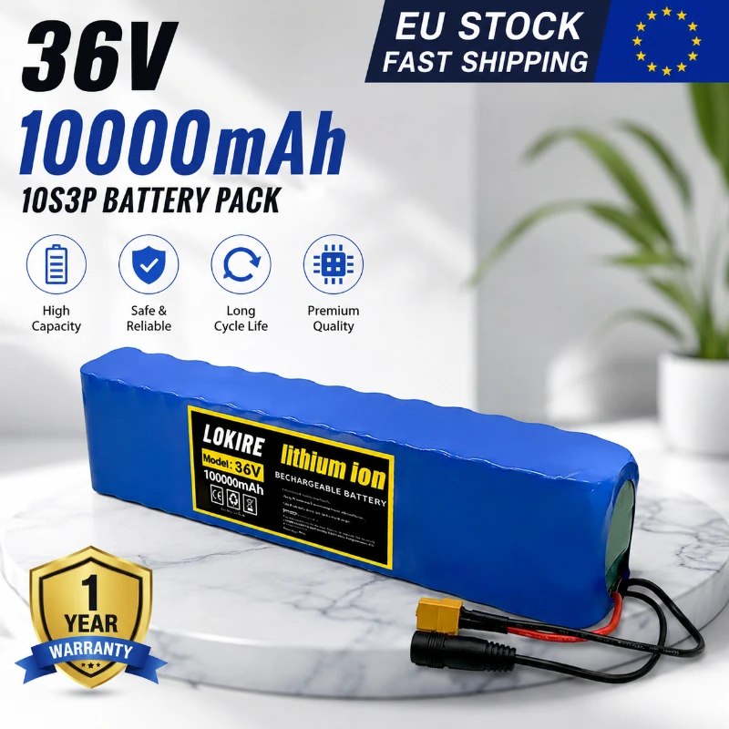 Batterie 10S3P 36V 10Ah 18650, batterie lithium-ion rechargeable 10000mAh pour scooter, vélo électrique, vélo électrique 1000W avec protection de sécurité BMS intelligente, batterie de remplacement haute performance, entrepôt local UE, livraison rapide
