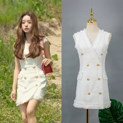 Women Elegant 2022 Korean Fashion Double-breasted Mini Dress Female V-neck Sleeveless Party High Waist a Line Dresses Vestidos