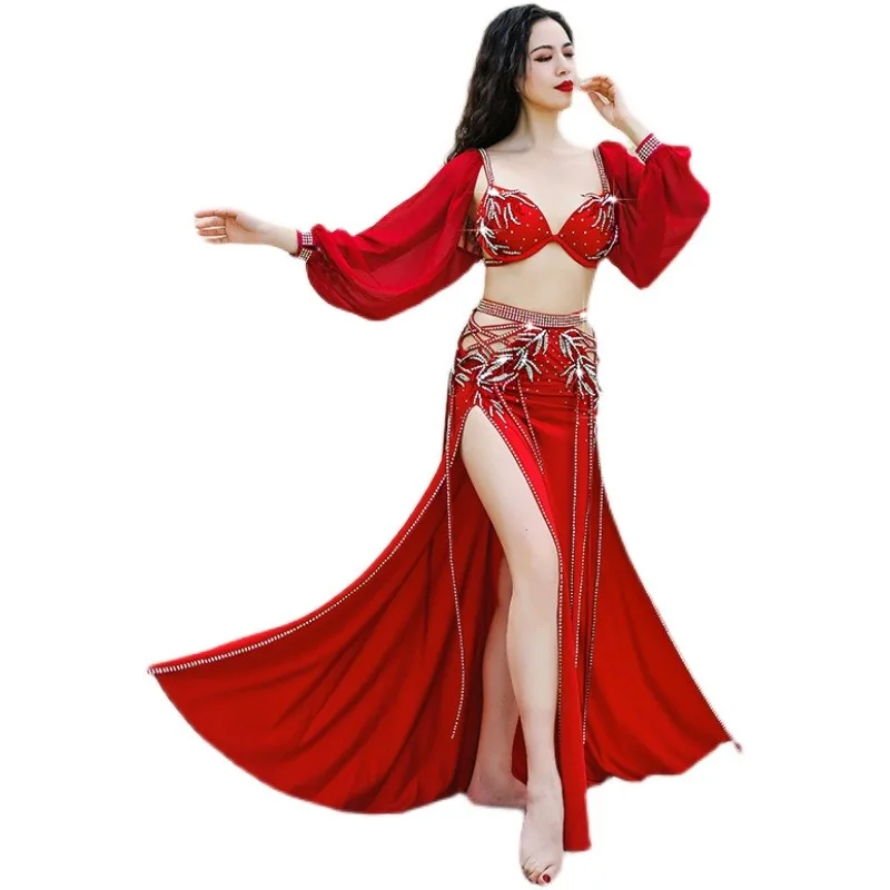 Traje de danza del vientre personalizado para mujer, conjunto de actuación de competición de grupo elegante para mujer, Falda con sujetador de danza del vientre, 2 uds.