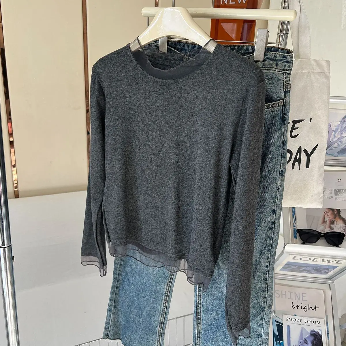 Gauze Round Neck Tees Solid Color Long-sleeved T-shirt Women Autumn Bottoming Shirt Basic Top White Camisetas Roupas Feminina