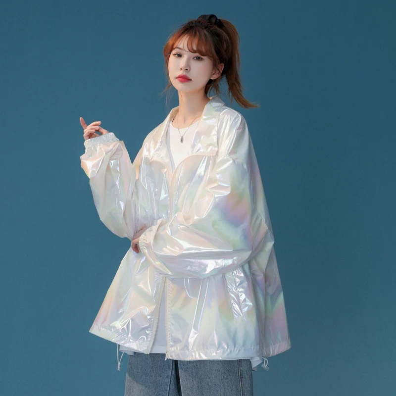 Summer Autumn Shiny Laser Jacket Women Loose Baseball Jackets Harajuku Oversized Pockets Windbreaker Basic Coat Outerwear