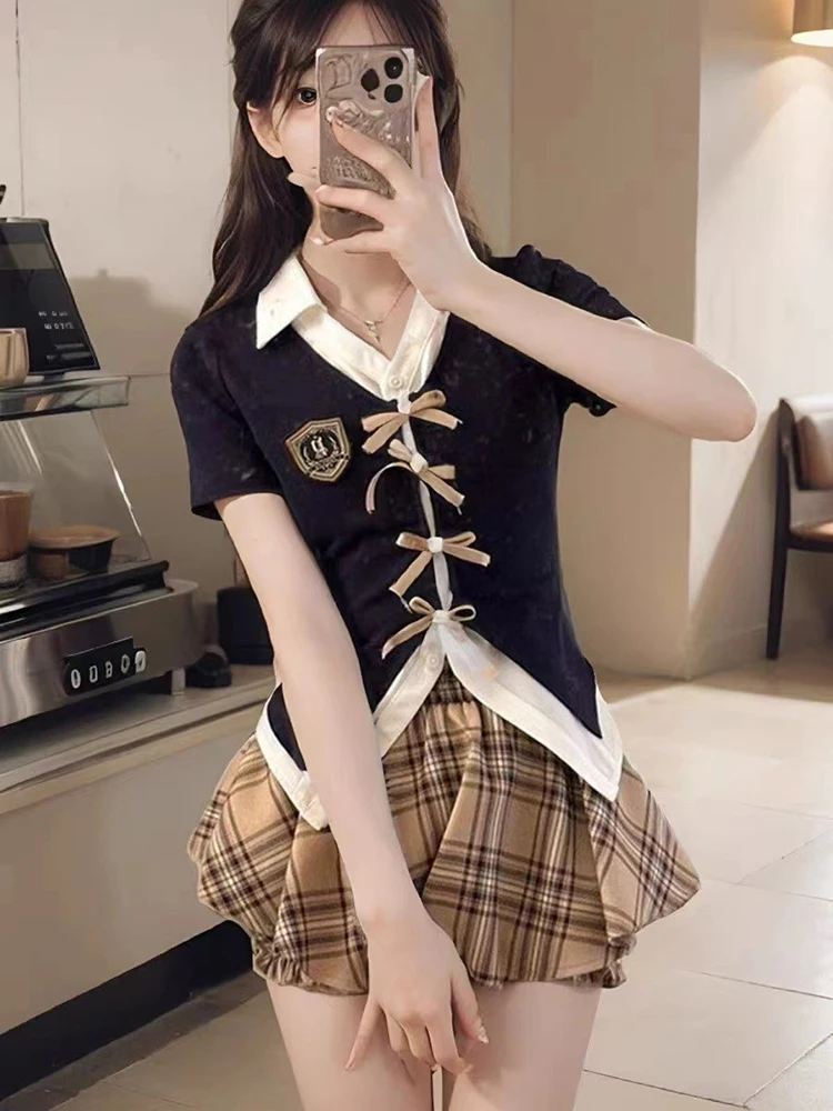 Retro Jk Set da due pezzi Estate Preppy Bow Spalline Top da donna American Hotsweet Vintage Plaid a pieghe Mini Cake Gonne Nuovo