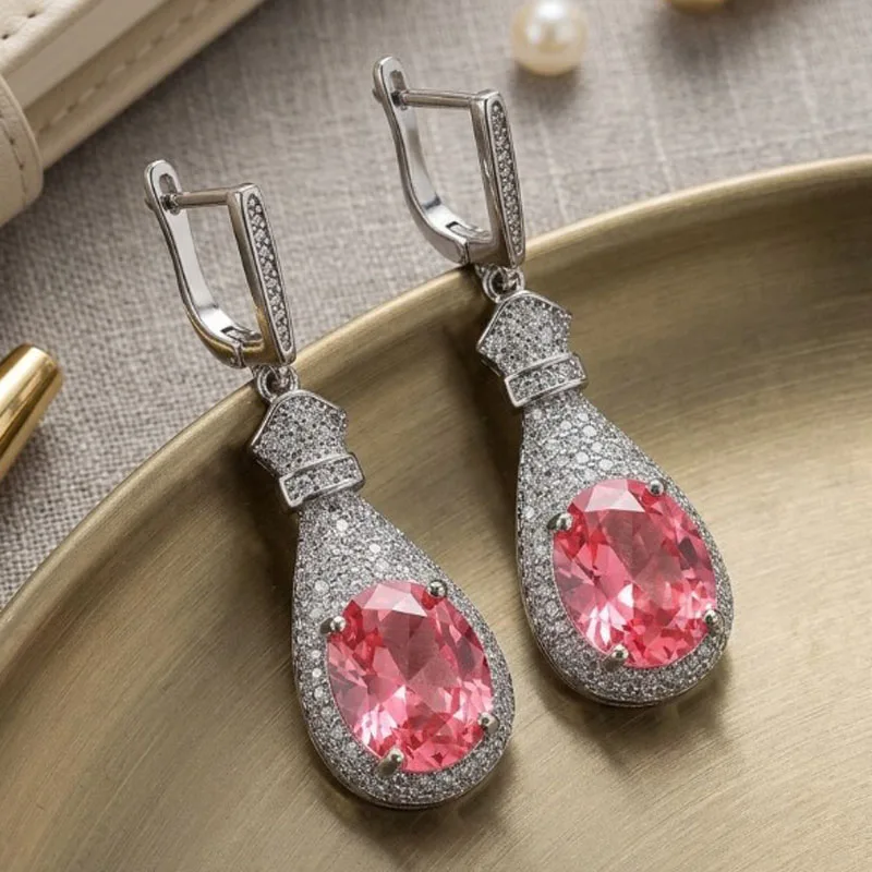 SheCrown 45x13mm Highly Recommend Pink Morganite Fire Rainbow Mystic Topaz Violet Tanzanite CZ Women Silver Plated Earrings