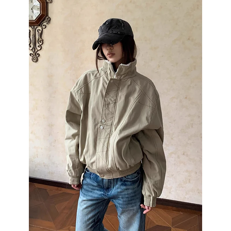 

YIBASHU American Retro Y2K 2000s Khaki Stand Up Cargo Workwear Jacket Autumn Winter Thick High Street Loose Cotton Jacket Women