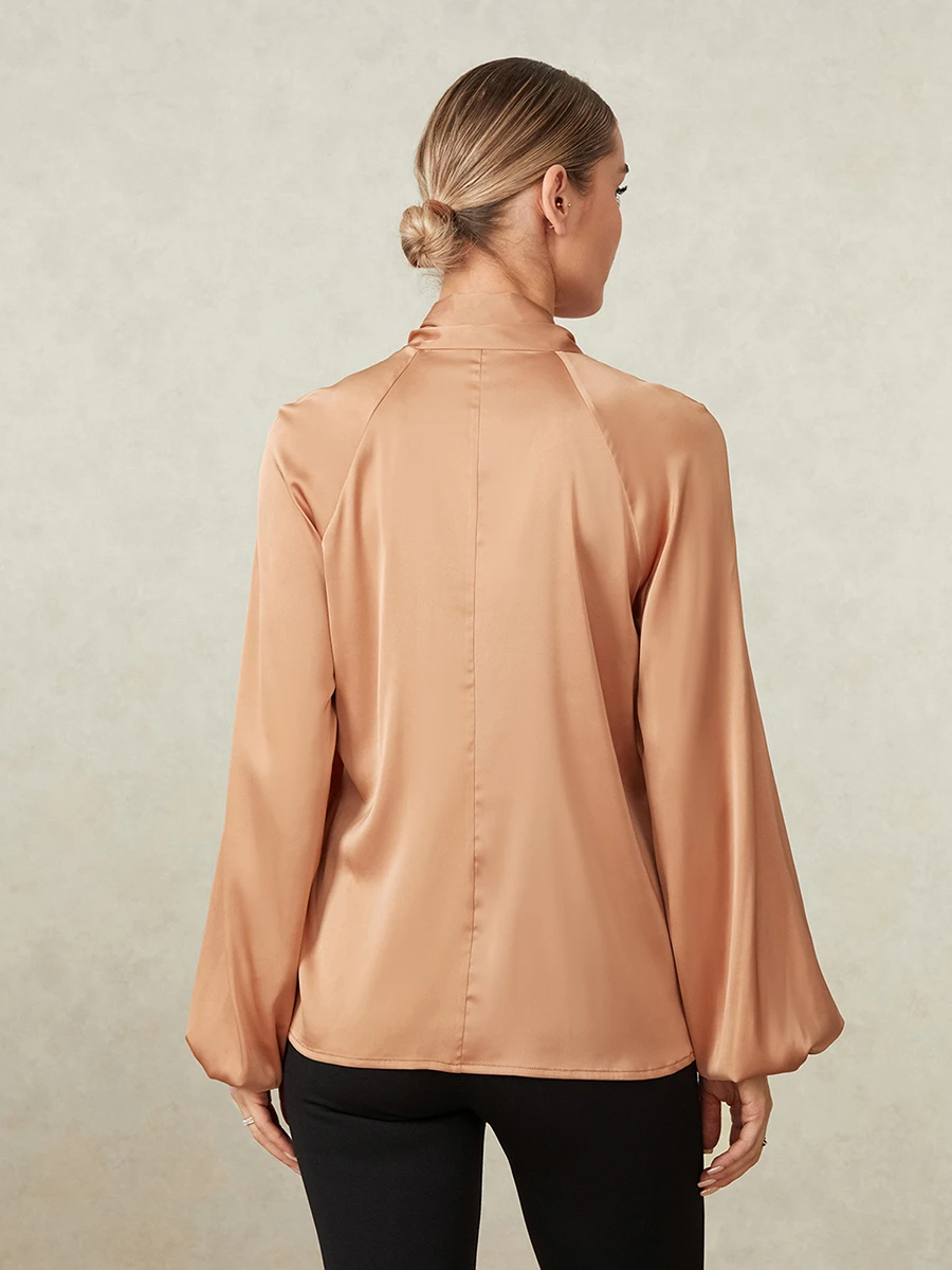 Women Satin Shirt, Elegnat Long Sleeve Shirt Tie-up Loose Solid Blouse Spring Fall Tops for Daily Office