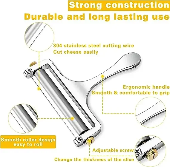 Cheese Slicer Adjustable Thickness Stainless Steel Wire Cheese Tools for Cheddar Gruyere Raclette Mozzarella Cheese Block Butter