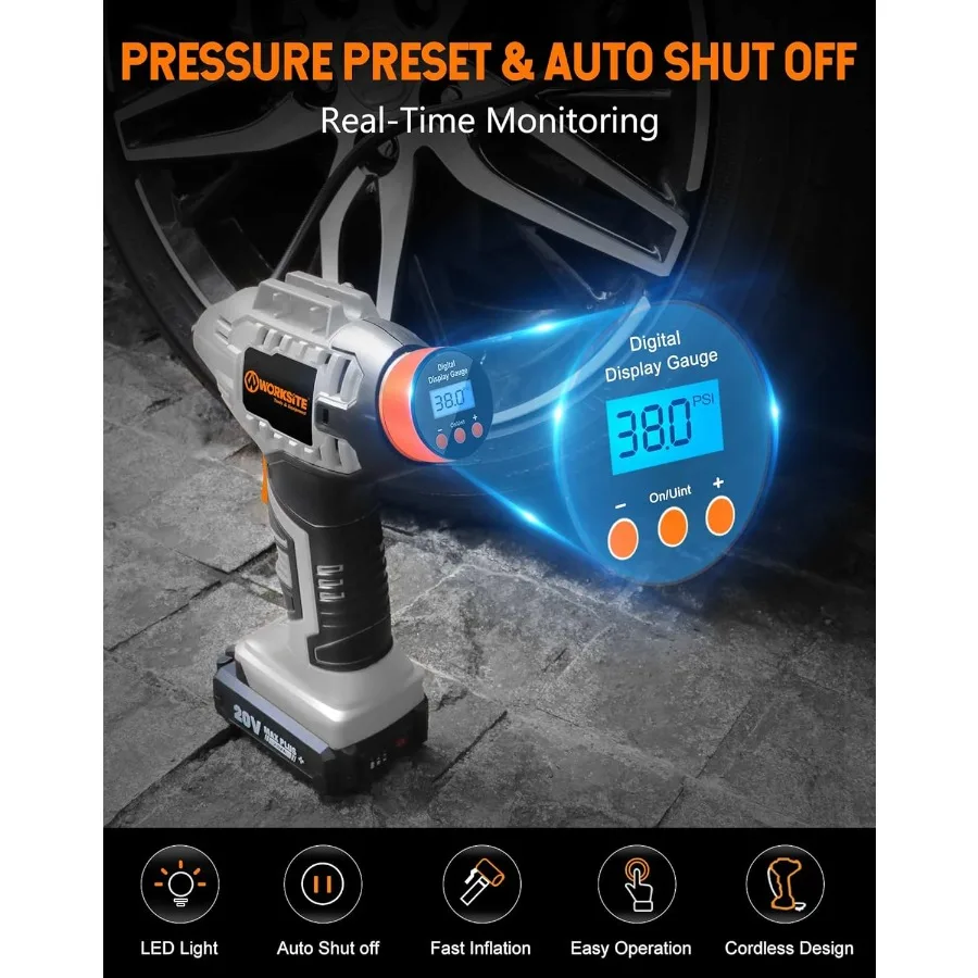 Cordless Tire Inflator Air Compressor Portable Handheld Battery Powered Air Pump with 12V Car Power Adapter and Digita